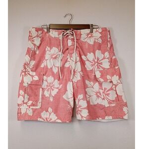 Tropical Hawaiian U.S. Apparel Mens M Pink Hibiscus Floral Cargo Board Shorts